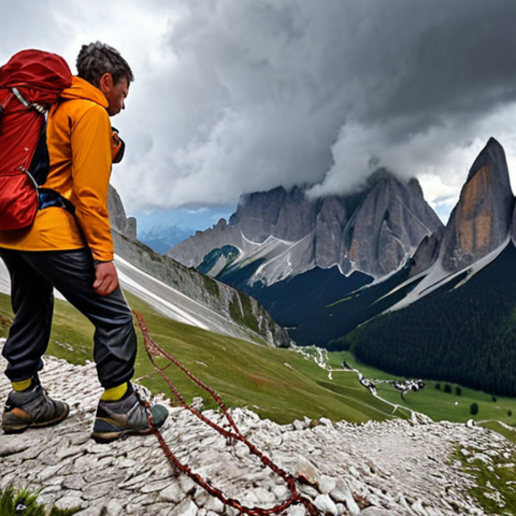 **

A hiker in the Dolomites looking distressed while facing a challenging exposed section with chains. The weather appears to be turning bad with dark clouds gathering. The hiker is wearing inappropriate footwear (e.g., sneakers). Focus on conveying a sense of unpreparedness and the sudden shift in mountain conditions.

**
