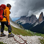 **

A hiker in the Dolomites looking distressed while facing a challenging exposed section with chains. The weather appears to be turning bad with dark clouds gathering. The hiker is wearing inappropriate footwear (e.g., sneakers). Focus on conveying a sense of unpreparedness and the sudden shift in mountain conditions.

**