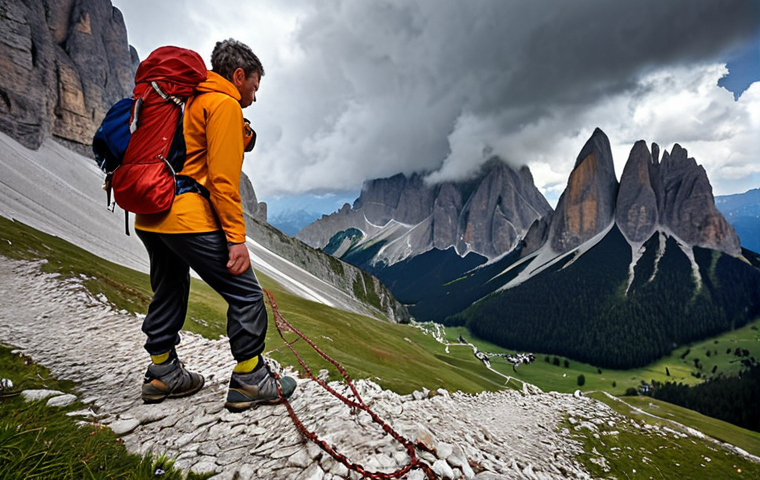 **

A hiker in the Dolomites looking distressed while facing a challenging exposed section with chains. The weather appears to be turning bad with dark clouds gathering. The hiker is wearing inappropriate footwear (e.g., sneakers). Focus on conveying a sense of unpreparedness and the sudden shift in mountain conditions.

**