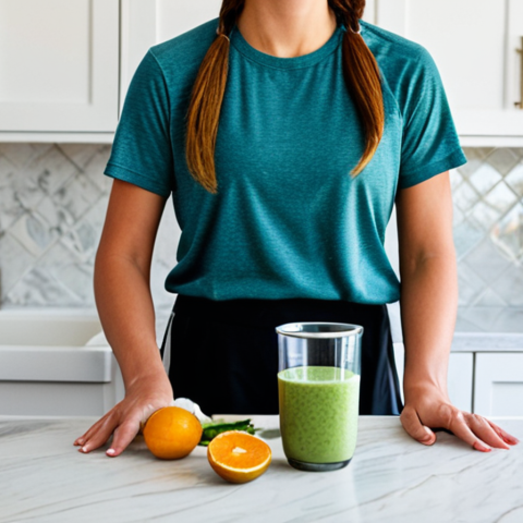 A healthy-looking individual, fully clothed in comfortable, modest athletic wear, prepares a nutritious post-hike recovery smoothie in a clean, modern kitchen. Fresh fruits, leafy greens, and a protein shake bottle are visible on the counter, emphasizing smart nutrition. The atmosphere is calm and focused on wellness. The subject has perfect anatomy, correct proportions, and a natural pose, with well-formed hands visible while mixing ingredients. This image is professional photography, high quality, safe for work, appropriate content, fully clothed, family-friendly, and depicts proper finger count and natural body proportions.