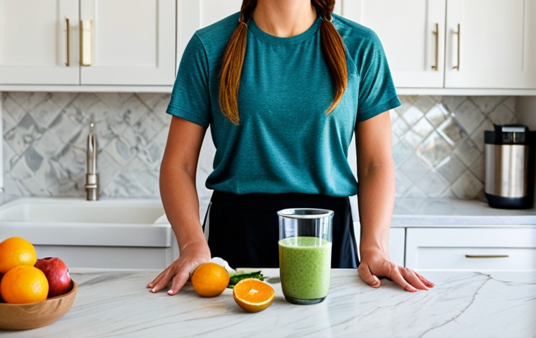 A healthy-looking individual, fully clothed in comfortable, modest athletic wear, prepares a nutritious post-hike recovery smoothie in a clean, modern kitchen. Fresh fruits, leafy greens, and a protein shake bottle are visible on the counter, emphasizing smart nutrition. The atmosphere is calm and focused on wellness. The subject has perfect anatomy, correct proportions, and a natural pose, with well-formed hands visible while mixing ingredients. This image is professional photography, high quality, safe for work, appropriate content, fully clothed, family-friendly, and depicts proper finger count and natural body proportions.