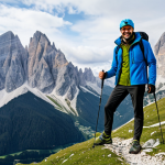 Home 7 A professional trekker, fully clothed in modern, high-performance outdoor apparel, standing confidently on a scenic mountain trail in the Italian Dolomites. The trekker wears a layered outfit featuring a graphite gray base layer, a vibrant cobalt blue technical fleece, and an olive green lightweight waterproof jacket, all made from advanced, sustainable materials like recycled polyester and merino wool. The clothing has a refined texture and clean lines, emphasizing both function and contemporary style. Well-formed hands are visible, holding trekking poles naturally. The background shows majestic mountain peaks and clear skies. Perfect anatomy, correct proportions, natural pose, modest clothing, appropriate attire, professional dress, safe for work, appropriate content, family-friendly, professional photography, high quality, intricate details.
