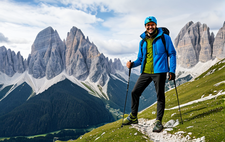 A professional trekker, fully clothed in modern, high-performance outdoor apparel, standing confidently on a scenic mountain trail in the Italian Dolomites. The trekker wears a layered outfit featuring a graphite gray base layer, a vibrant cobalt blue technical fleece, and an olive green lightweight waterproof jacket, all made from advanced, sustainable materials like recycled polyester and merino wool. The clothing has a refined texture and clean lines, emphasizing both function and contemporary style. Well-formed hands are visible, holding trekking poles naturally. The background shows majestic mountain peaks and clear skies. Perfect anatomy, correct proportions, natural pose, modest clothing, appropriate attire, professional dress, safe for work, appropriate content, family-friendly, professional photography, high quality, intricate details.