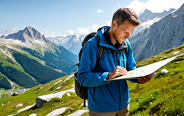 Hiking Navigation**
"A fully clothed hiker in appropriate attire, consulting a topographic map and compass in a scenic alpine setting, safe for work, perfect anatomy, natural proportions, professional outdoor photography, clear weather, family-friendly."
**