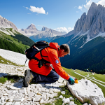 Home 5 하이킹 중 필요한 기본 응급처치 기술 - Mountain First Aid**
A mountain rescuer, fully clothed in professional gear, attending to a hiker w...