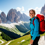 Home 10 하이킹 중 필요한 생리대 및 위생 용품 - "A woman hiker, fully clothed in appropriate hiking gear, smiles confidently on a mountain trail in ...