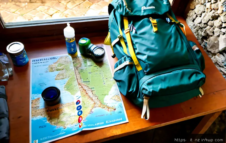Home 9 장거리 하이킹 준비 물품 가격 비교 - Photorealistic flat lay of long-distance hiking essentials arranged neatly on a rustic Italian outdo...